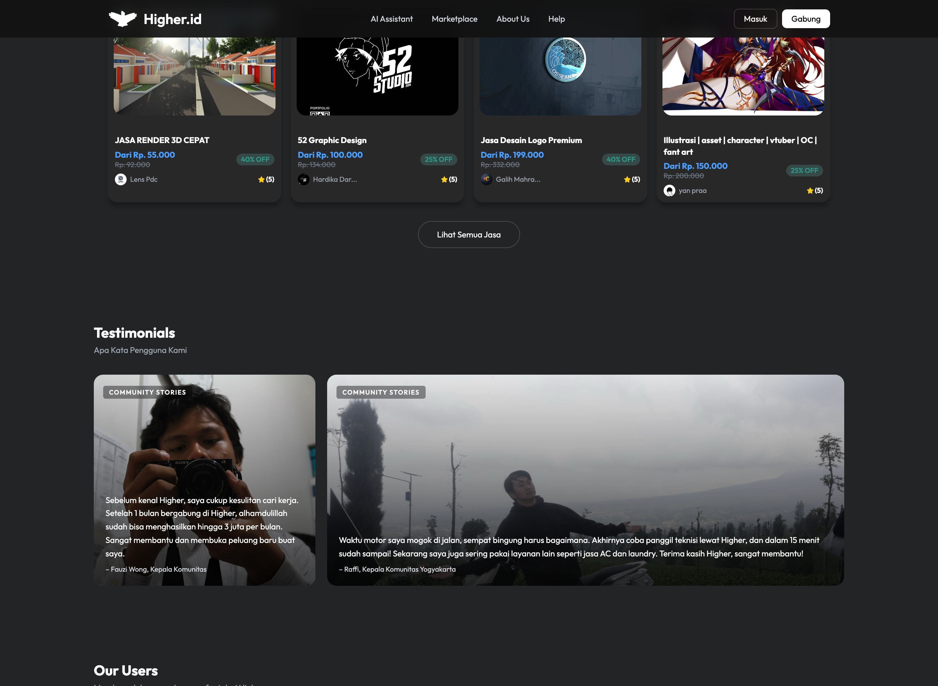 Higher.id website screenshot — Marketplace · Indonesia